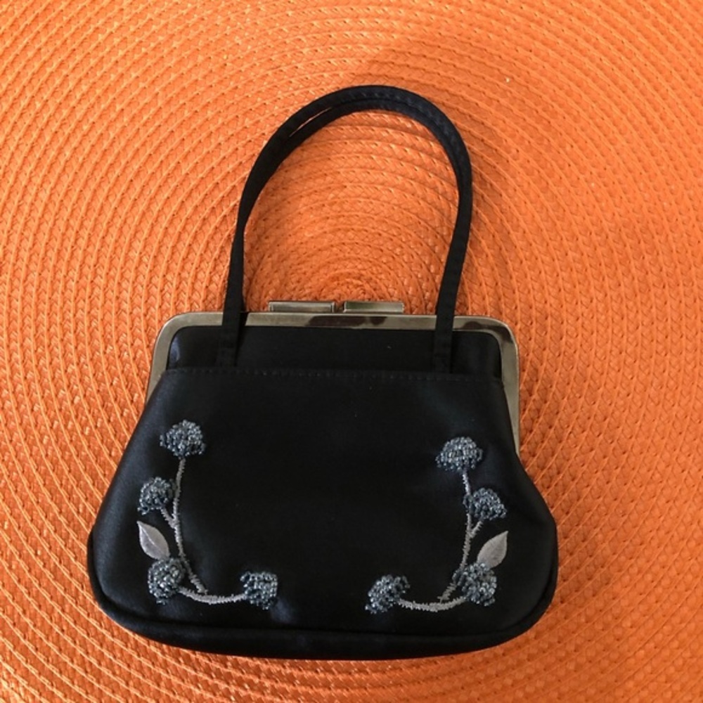 The Limited Sweet-n-Petite black satin micro beaded evening bag purse.